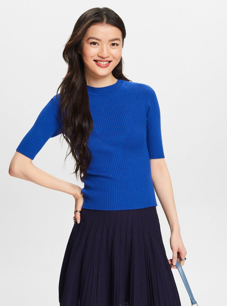 Esprit - Ribbed Short Sleeve Sweater - Bright Blue-Esprit-treehaus
