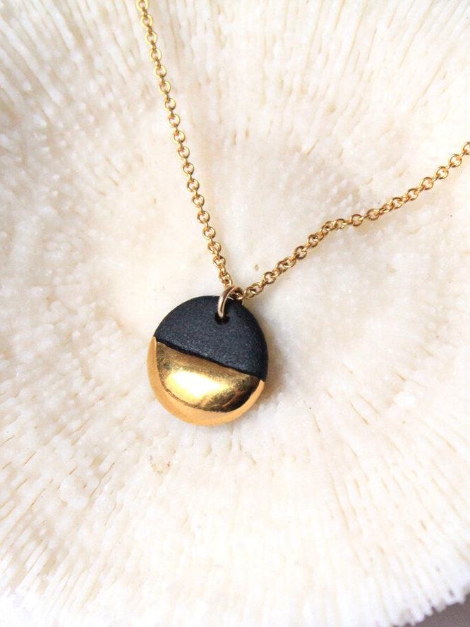 Mier Luo Porcelain Jewelry - Gold Dipped Flat Circle Necklace – Black-Mier Luo Porcelain Jewelry-treehaus