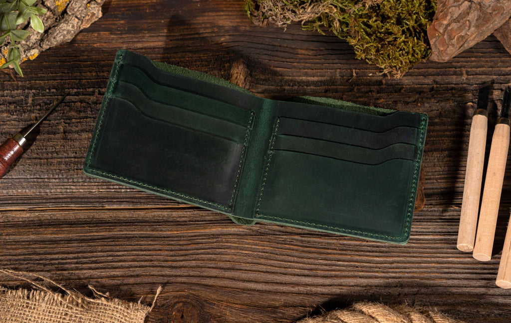 American Leather Goods - Handmade Leather Bifold Wallet - Green-American Leather Goods-treehaus