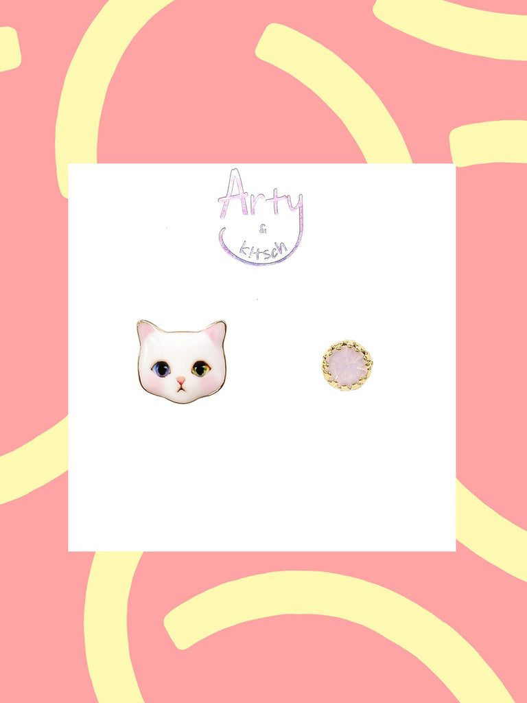 Artynkitsch - Pink Cat Mismatched Studs-Artynkitsch-treehaus