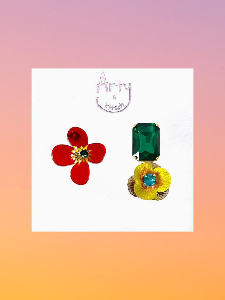 Artynkitsch - Red Flower Mismatched Earrings-Artynkitsch-treehaus