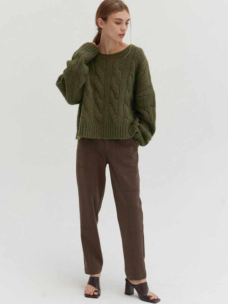 Crescent - Carol Cable Knit Sweater - Dark Olive-Crescent-treehaus