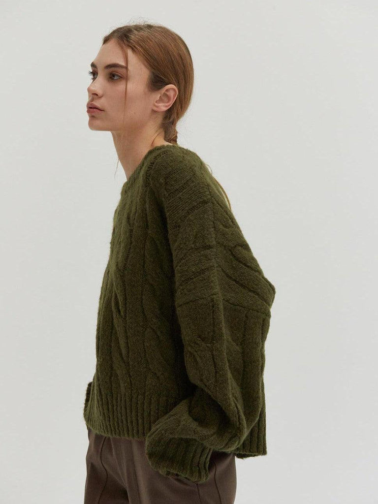 Crescent - Carol Cable Knit Sweater - Dark Olive-Crescent-treehaus