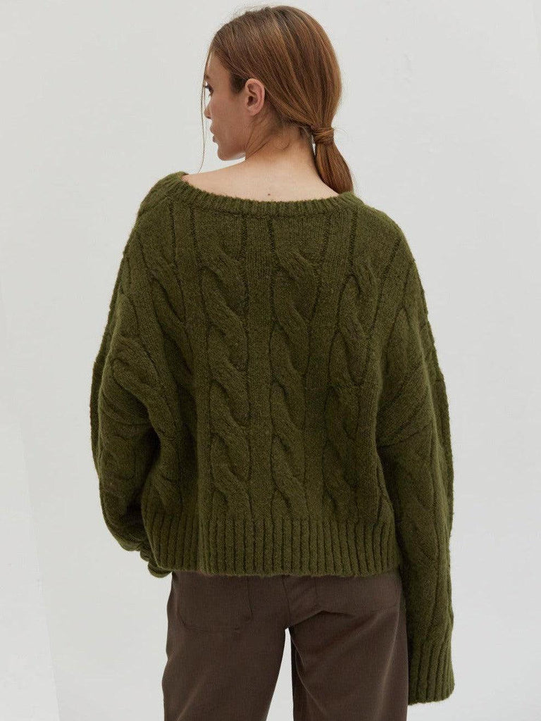 Crescent - Carol Cable Knit Sweater - Dark Olive-Crescent-treehaus