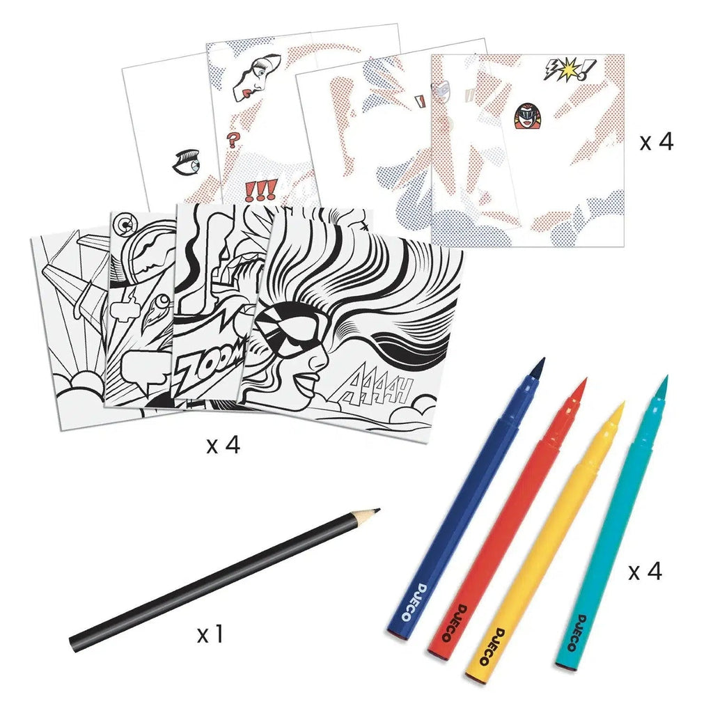Djeco - Inspired by Lichtenstein - Superheroes Coloring and Rub-On Transfer Kit-Djeco-treehaus