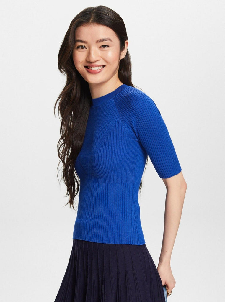 Esprit - Ribbed Short Sleeve Sweater - Bright Blue-Esprit-treehaus