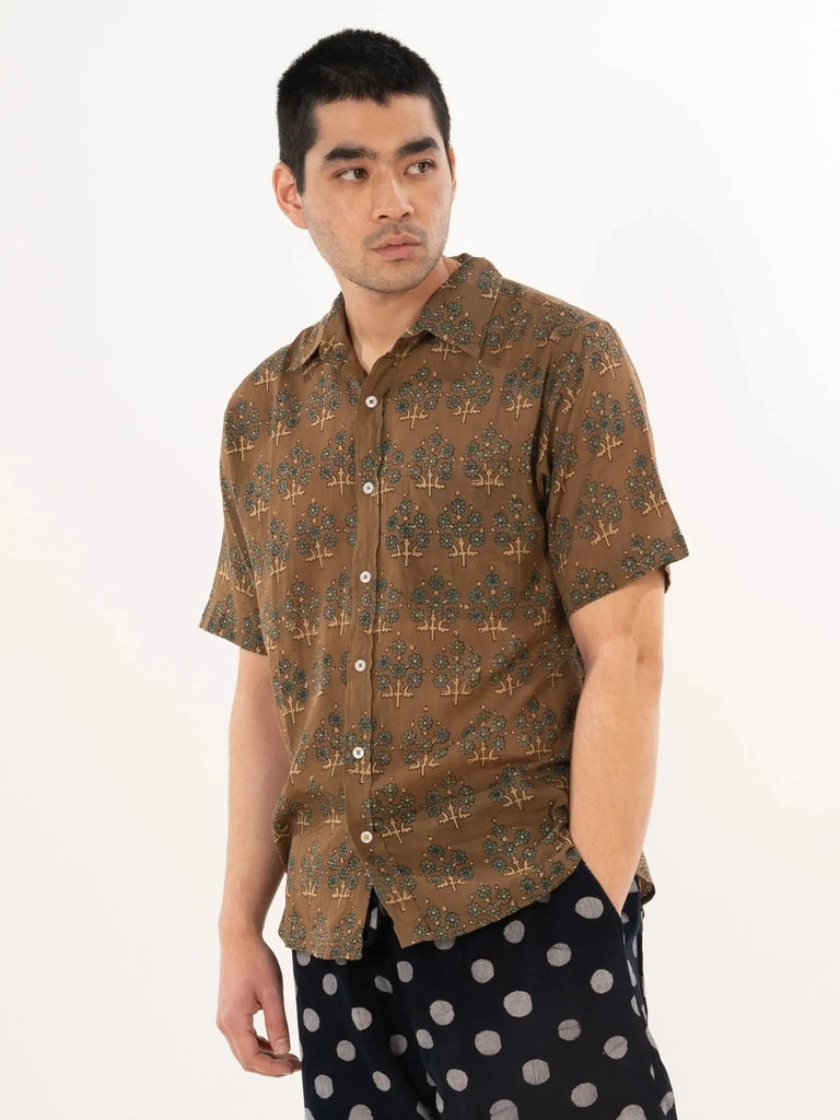 Folk Shirt - Olive and Blue Leaf-Dushyant-treehaus