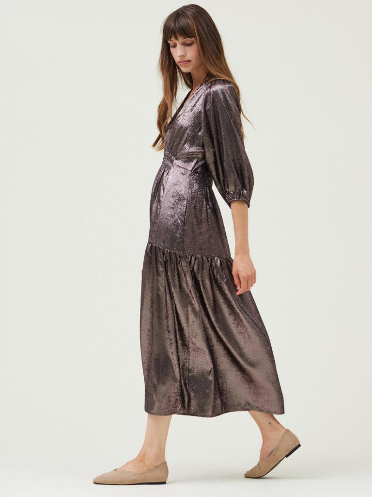 Grade & Gather - 3/4 Sleeve Metallic Midi Dress-Grade & Gather-treehaus