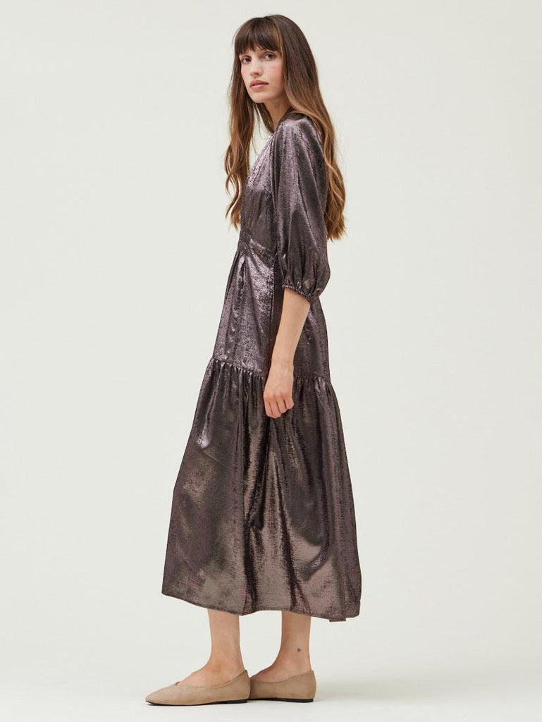 Grade & Gather - 3/4 Sleeve Metallic Midi Dress-Grade & Gather-treehaus