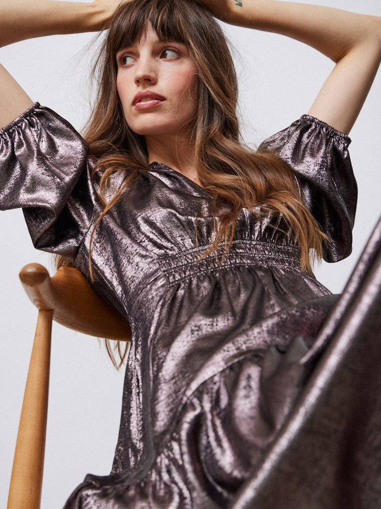 Grade & Gather - 3/4 Sleeve Metallic Midi Dress-Grade & Gather-treehaus