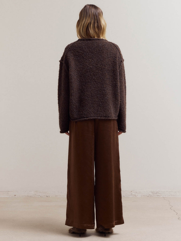 Grade & Gather - Banding Waist Wide Satin Pants - Dark Chocolate-Grade & Gather-treehaus