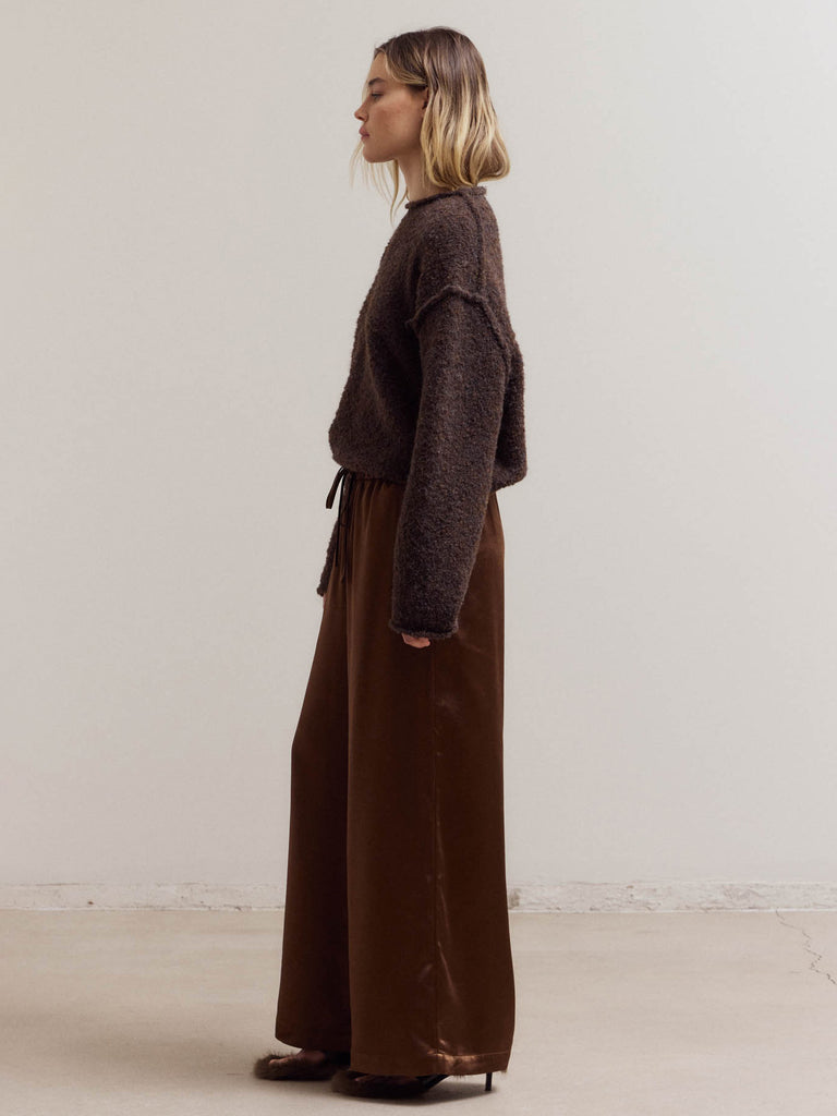 Grade & Gather - Banding Waist Wide Satin Pants - Dark Chocolate-Grade & Gather-treehaus