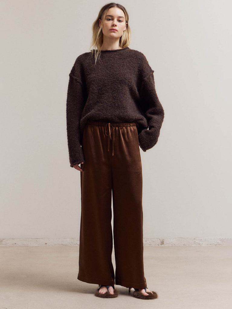 Grade & Gather - Banding Waist Wide Satin Pants - Dark Chocolate-Grade & Gather-treehaus