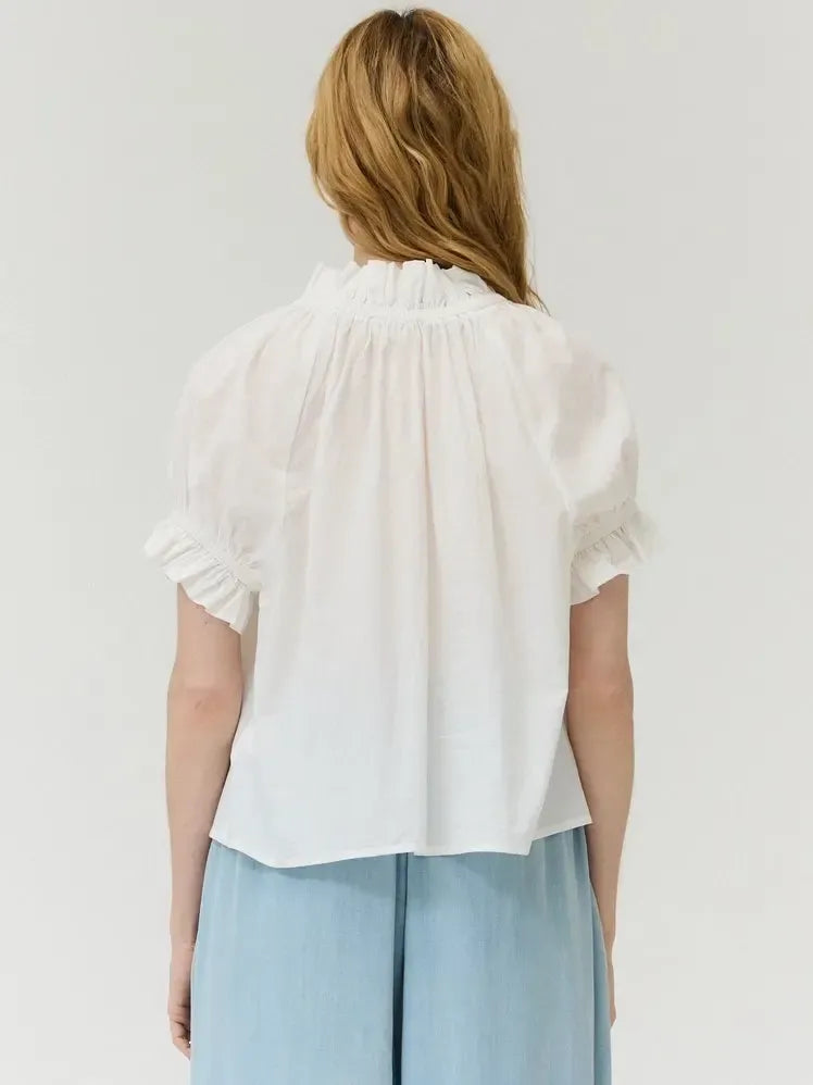 Grade & Gather - Bubble Sleeve Ruffle Blouse - White-Grade & Gather-treehaus