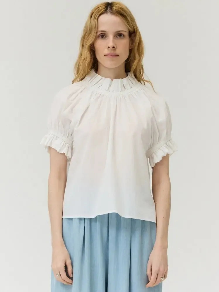 Grade & Gather - Bubble Sleeve Ruffle Blouse - White-Grade & Gather-treehaus