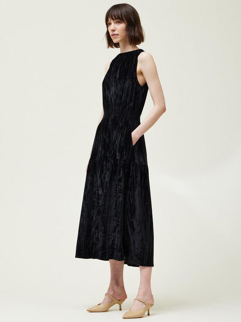 Grade & Gather - Crushed Velvet Midi Dress - Black-Grade & Gather-treehaus