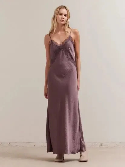 Grade & Gather - Lace Detailed Maxi Satin Dress - Aubergine-Grade & Gather-treehaus