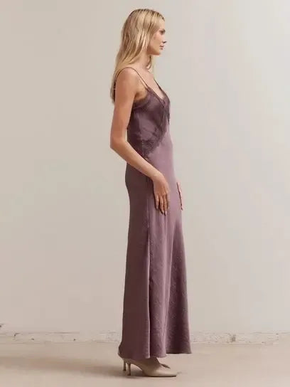 Grade & Gather - Lace Detailed Maxi Satin Dress - Aubergine-Grade & Gather-treehaus