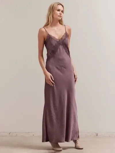 Grade & Gather - Lace Detailed Maxi Satin Dress - Aubergine-Grade & Gather-treehaus