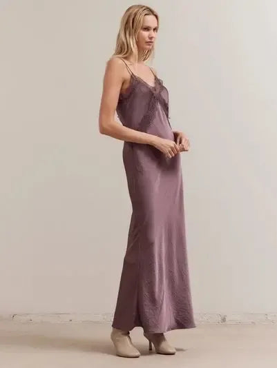 Grade & Gather - Lace Detailed Maxi Satin Dress - Aubergine-Grade & Gather-treehaus