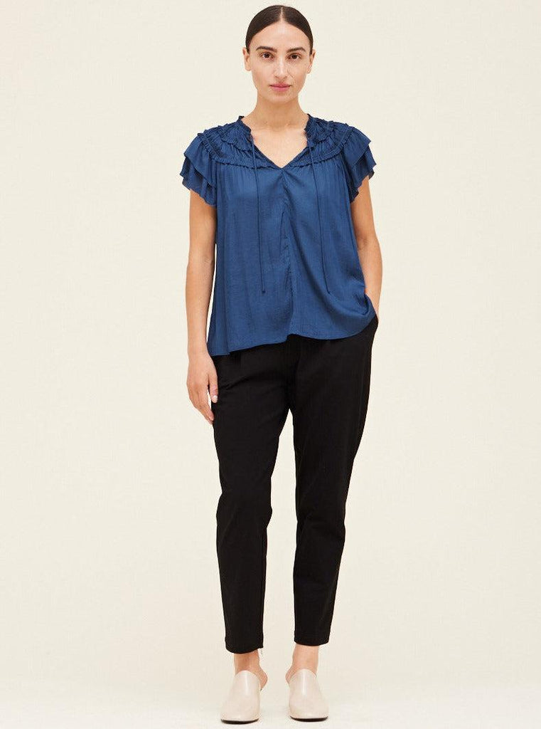 Grade & Gather - Ruffle Sleeveless Satin Top - Blue Jewel-Grade & Gather-treehaus