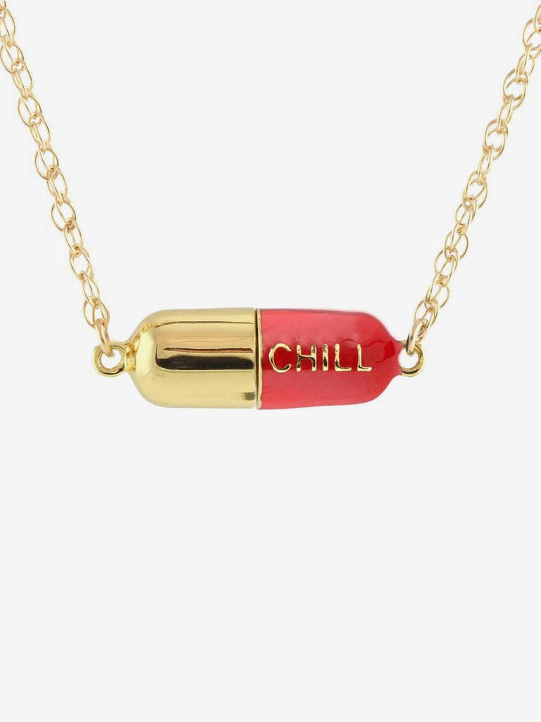 Kris Nations - Big Chill Pill Chain Necklace 18K Gold Vermeil - Red-Kris Nations-treehaus