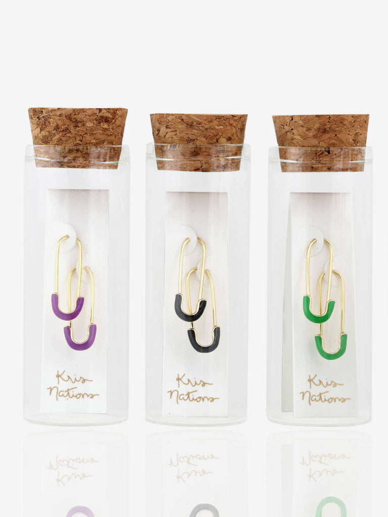 Kris Nations - Safety Pin Ename Earrings - Black-Kris Nations-treehaus