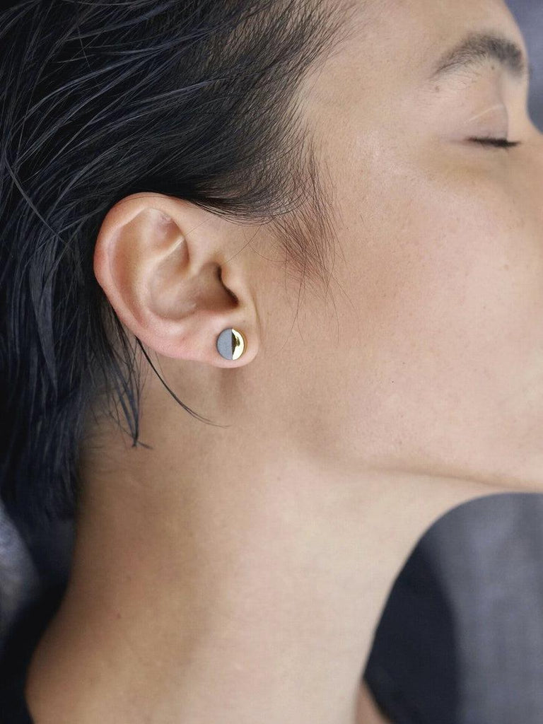 Mier Luo - Gold Dipped Flat Circle Studs - Small Black-Mier Luo Porcelain Jewelry-treehaus