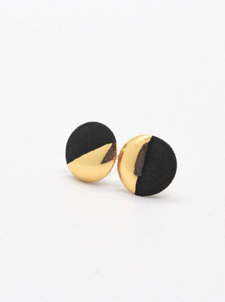 Mier Luo - Gold Dipped Flat Circle Studs - Small Black-Mier Luo Porcelain Jewelry-treehaus