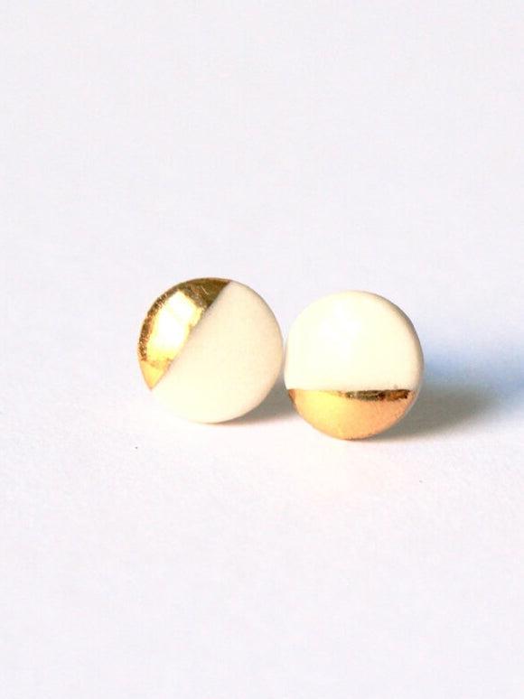 Mier Luo Porcelain Jewelry - Gold Dipped Flat Circle Studs - Lg. White-Mier Luo Porcelain Jewelry-treehaus