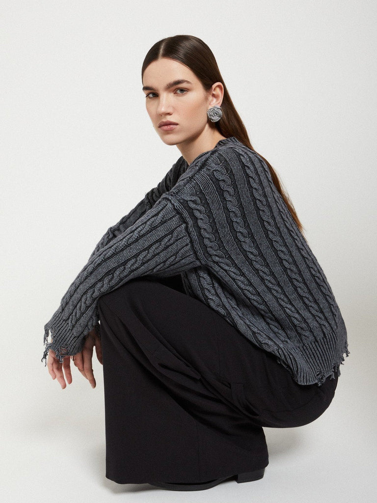 Ottod'Ame - Distressed Cable Knit Sweater - Washed Black-Ottod'Ame-treehaus