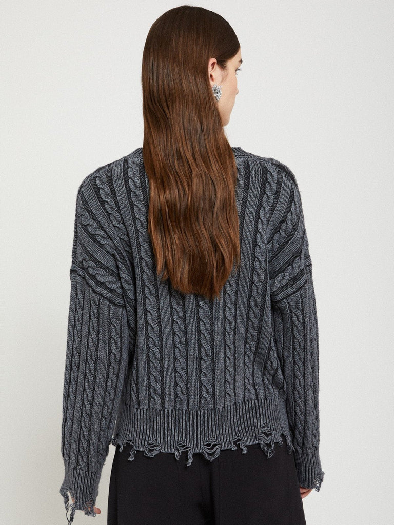 Ottod'Ame - Distressed Cable Knit Sweater - Washed Black-Ottod'Ame-treehaus