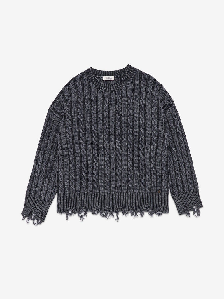 Ottod'Ame - Distressed Cable Knit Sweater - Washed Black-Ottod'Ame-treehaus