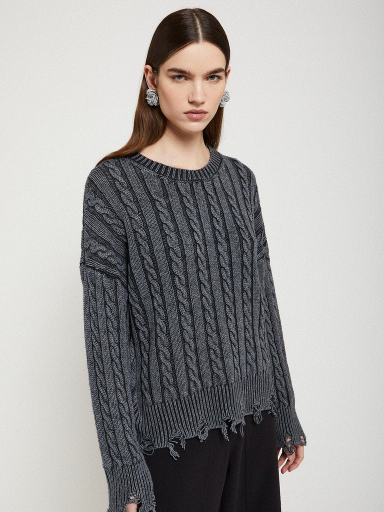 Ottod'Ame - Distressed Cable Knit Sweater - Washed Black-Ottod'Ame-treehaus