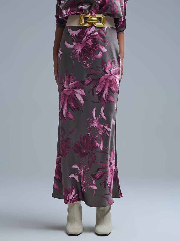 Q2 - Floral Maxi Skirt - Grey/Pink-Q2-treehaus