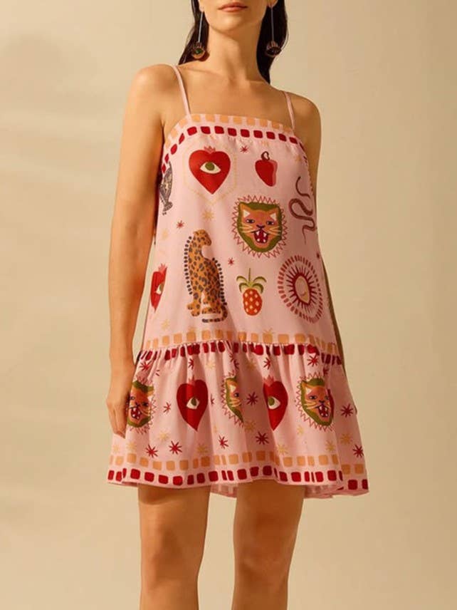 Rosa Clothing - Whimsical Print Ruffled Mini Dress-Rosa Clothing-treehaus