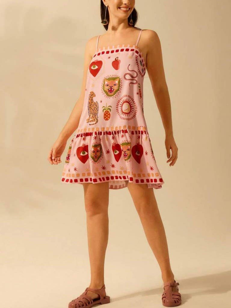 Rosa Clothing - Whimsical Print Ruffled Mini Dress-Rosa Clothing-treehaus