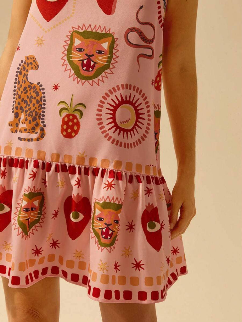 Rosa Clothing - Whimsical Print Ruffled Mini Dress-Rosa Clothing-treehaus