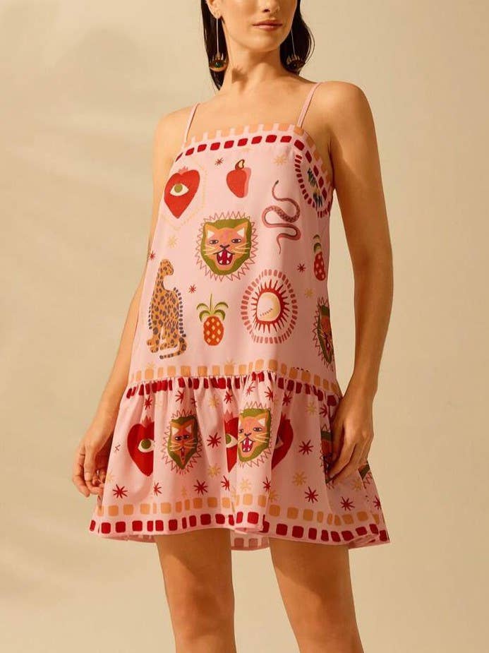 Rosa Clothing - Whimsical Print Ruffled Mini Dress-Rosa Clothing-treehaus