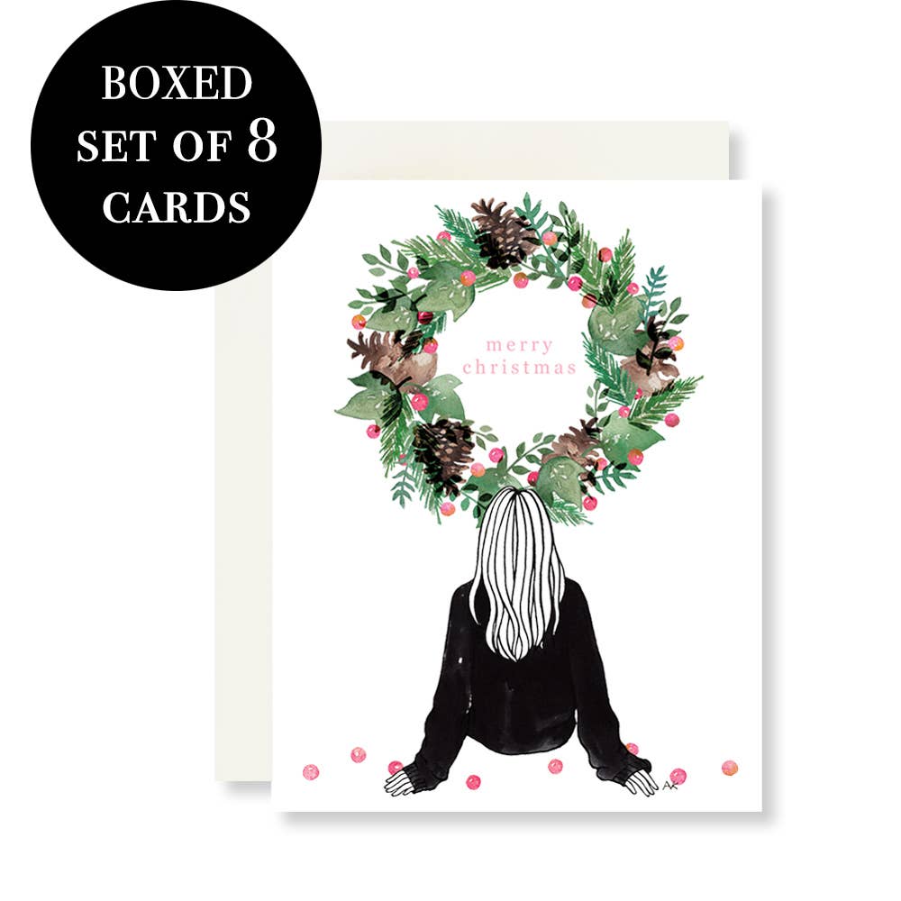 akrDesignStudio - Wreath Watercolor Christmas - Boxed 8 Cards-akrDesignStudio-treehaus