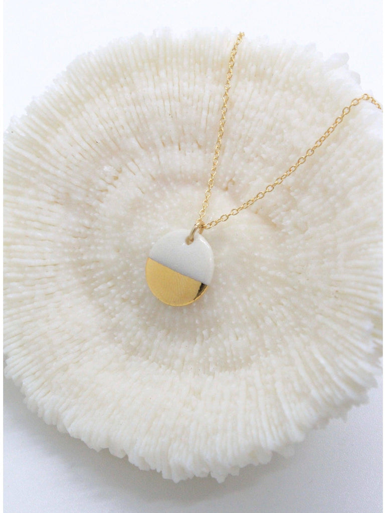 Mier Luo - Gold Dipped Flat Circle Necklace - White-Mier Luo Porcelain Jewelry-treehaus