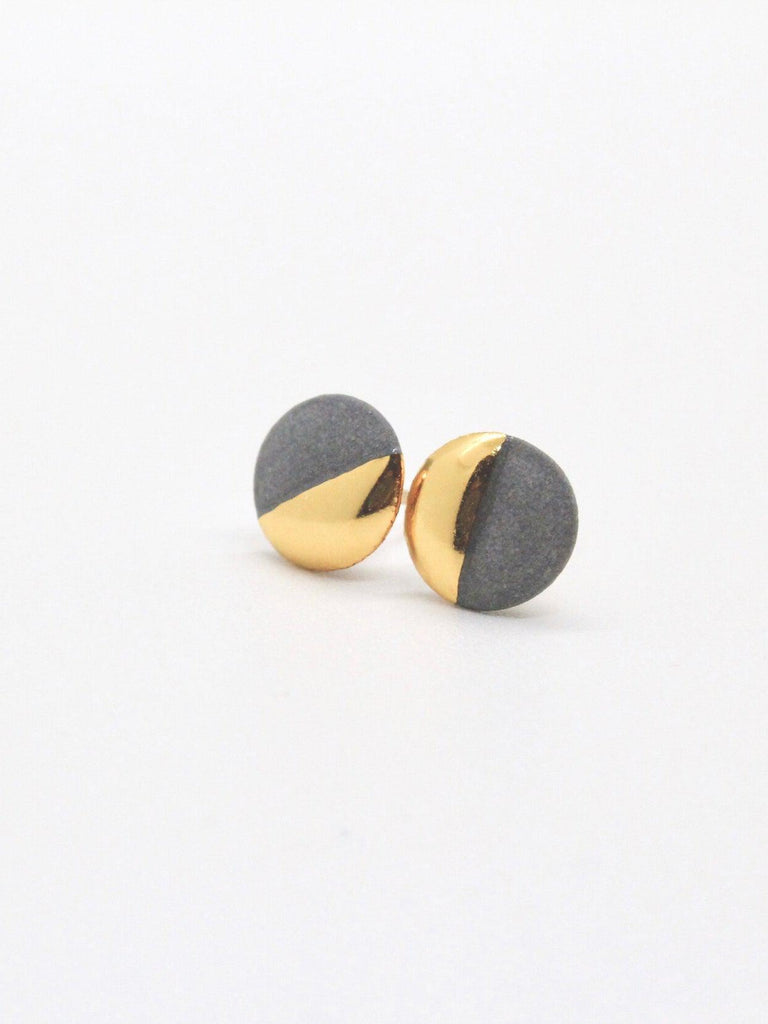 Mier Luo - Gold Dipped Flat Circle Studs - Small Grey-Mier Luo Porcelain Jewelry-treehaus