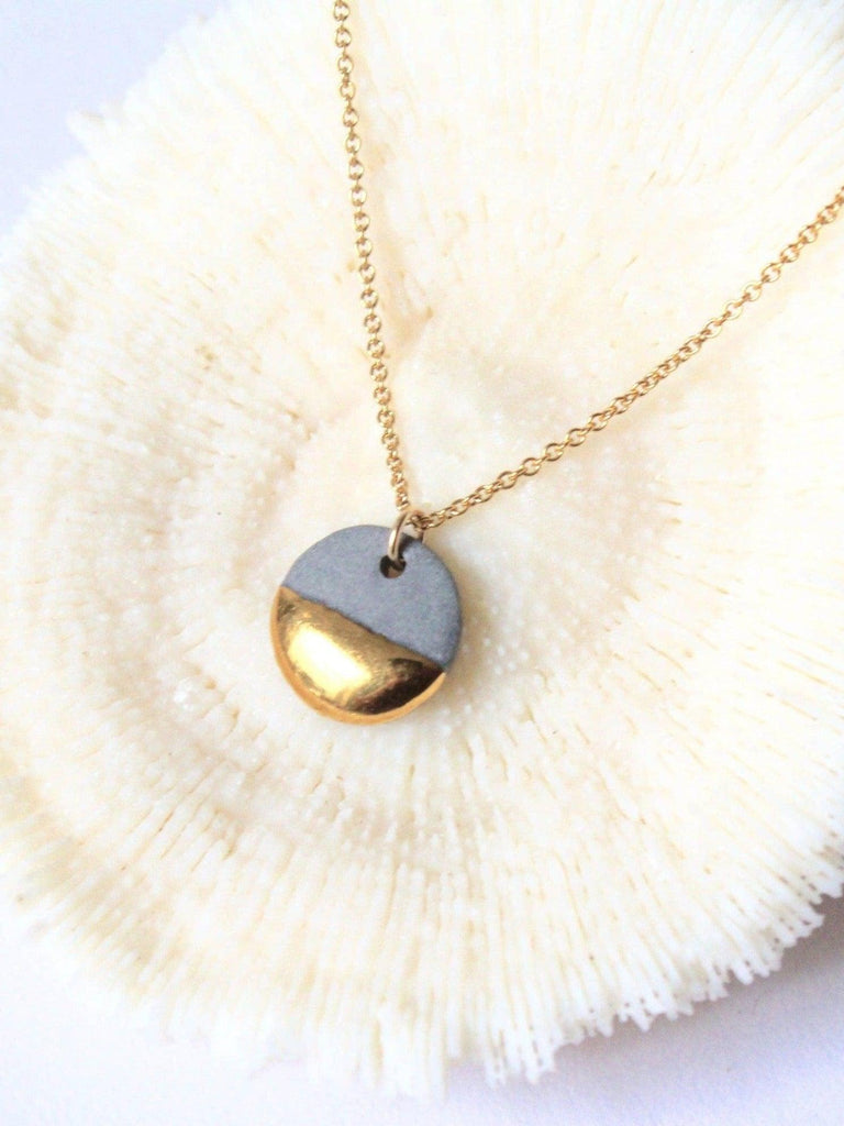 Mier Luo Porcelain Jewelry - Gold Dipped Flat Circle Necklace - Grey-Mier Luo Porcelain Jewelry-treehaus