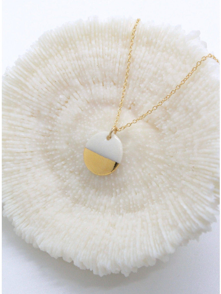 Mier Luo Porcelain Jewelry - Gold Dipped Flat Circle Necklace - White-Mier Luo Porcelain Jewelry-treehaus