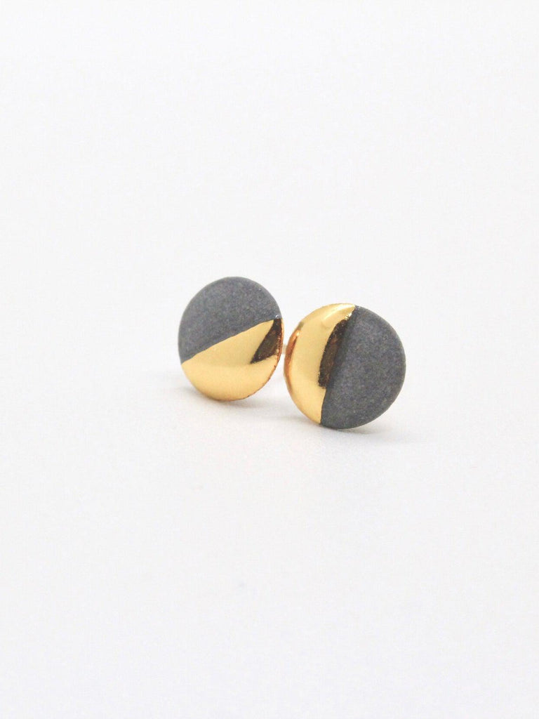 Mier Luo Porcelain Jewelry - Gold Dipped Flat Circle Studs - Lg. Grey-Mier Luo Porcelain Jewelry-treehaus