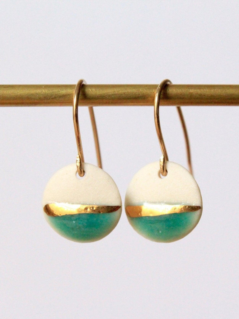 Mier Luo Porcelain Jewelry - Gold Striped Circle Earrings - Turquoise Glaze-Mier Luo Porcelain Jewelry-treehaus