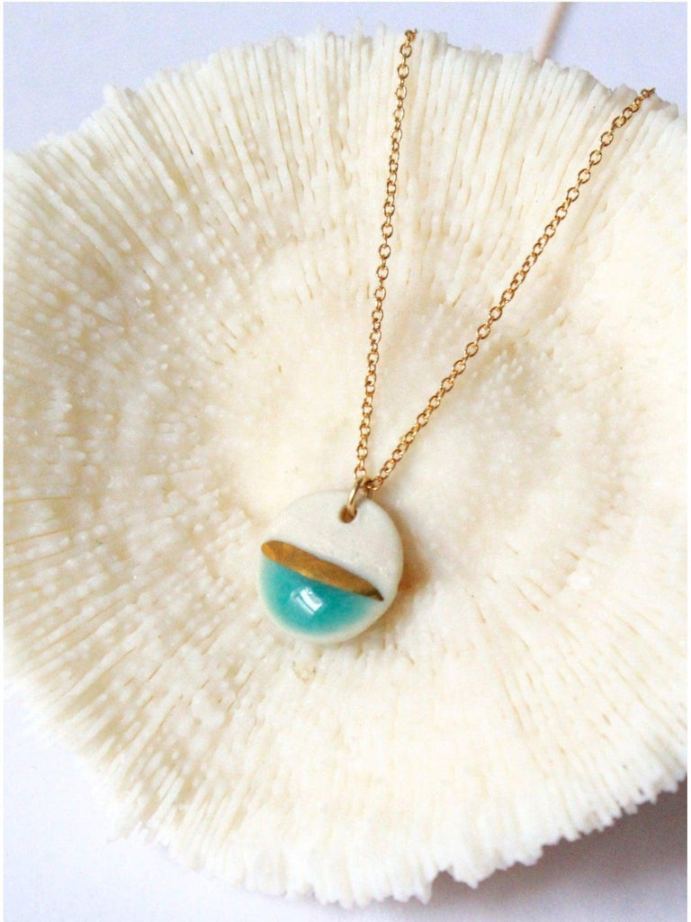 Mier Luo Porcelain Jewelry - Gold Striped Circle Necklace - Turquoise Glaze-Mier Luo Porcelain Jewelry-treehaus